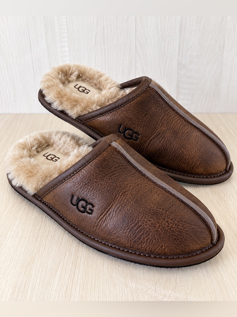 UGG Men’s Brown Leather Shearling Slippers – Size US 9 / EU 42